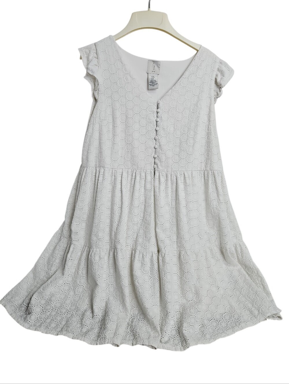 Joie White Eyelet Tiered Babydoll Mini Dress Flutter Sleeve Sz Med Womens